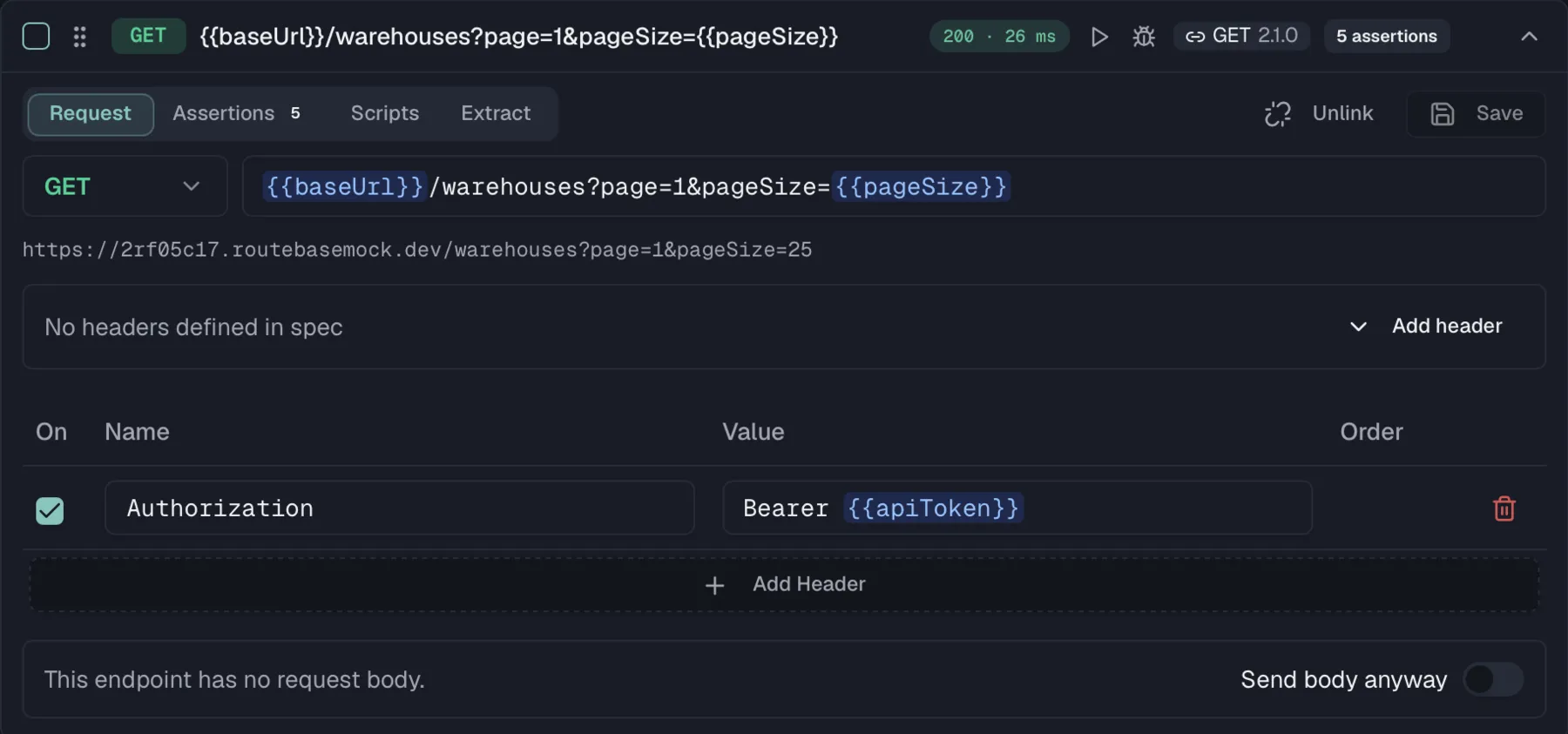 A test case linked to a spec endpoint with the contract badge