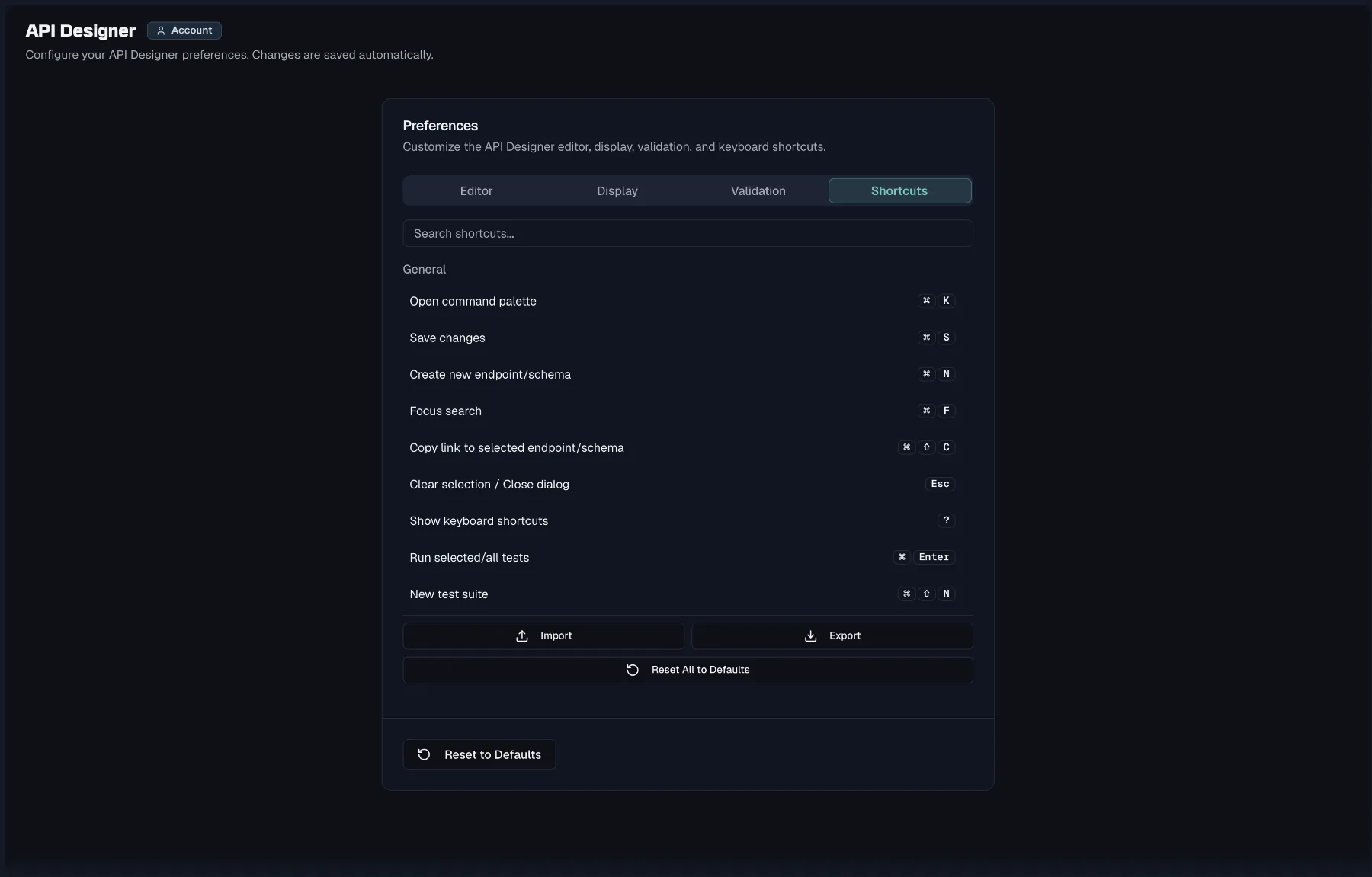 The API Designer preferences page with the Editor, Display, Validation and Shortcuts tabs
