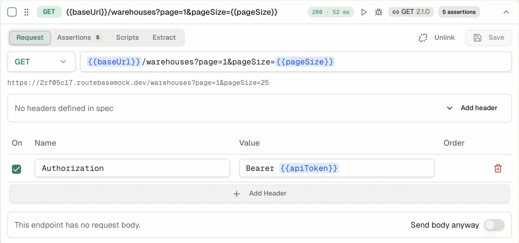 A test case linked to a spec endpoint with the contract badge