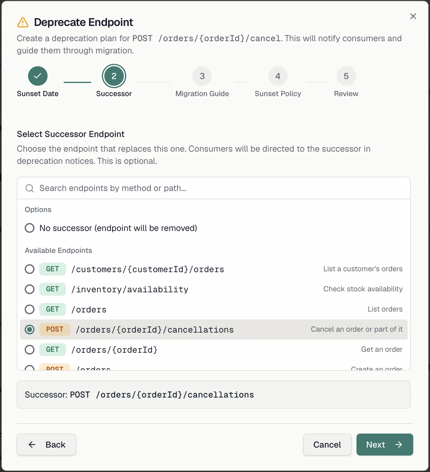 The deprecation wizard on the Successor step with the endpoint search open and one endpoint selected