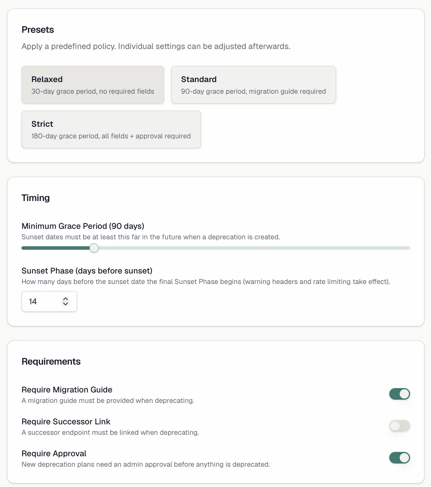 The Deprecation Policy settings page with the three presets, the timing card and the requirements