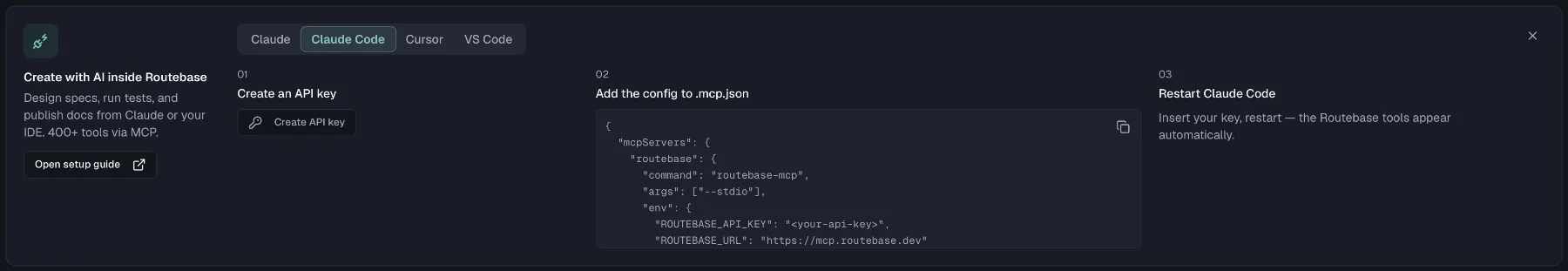 The MCP connection card on the dashboard with the Claude Code tab, its three setup steps and the config block