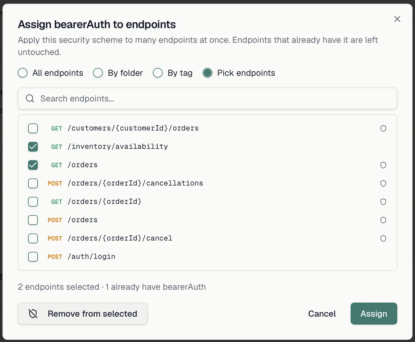 The Assign to endpoints dialog with its four scopes, two endpoints picked and the preview counting those already assigned