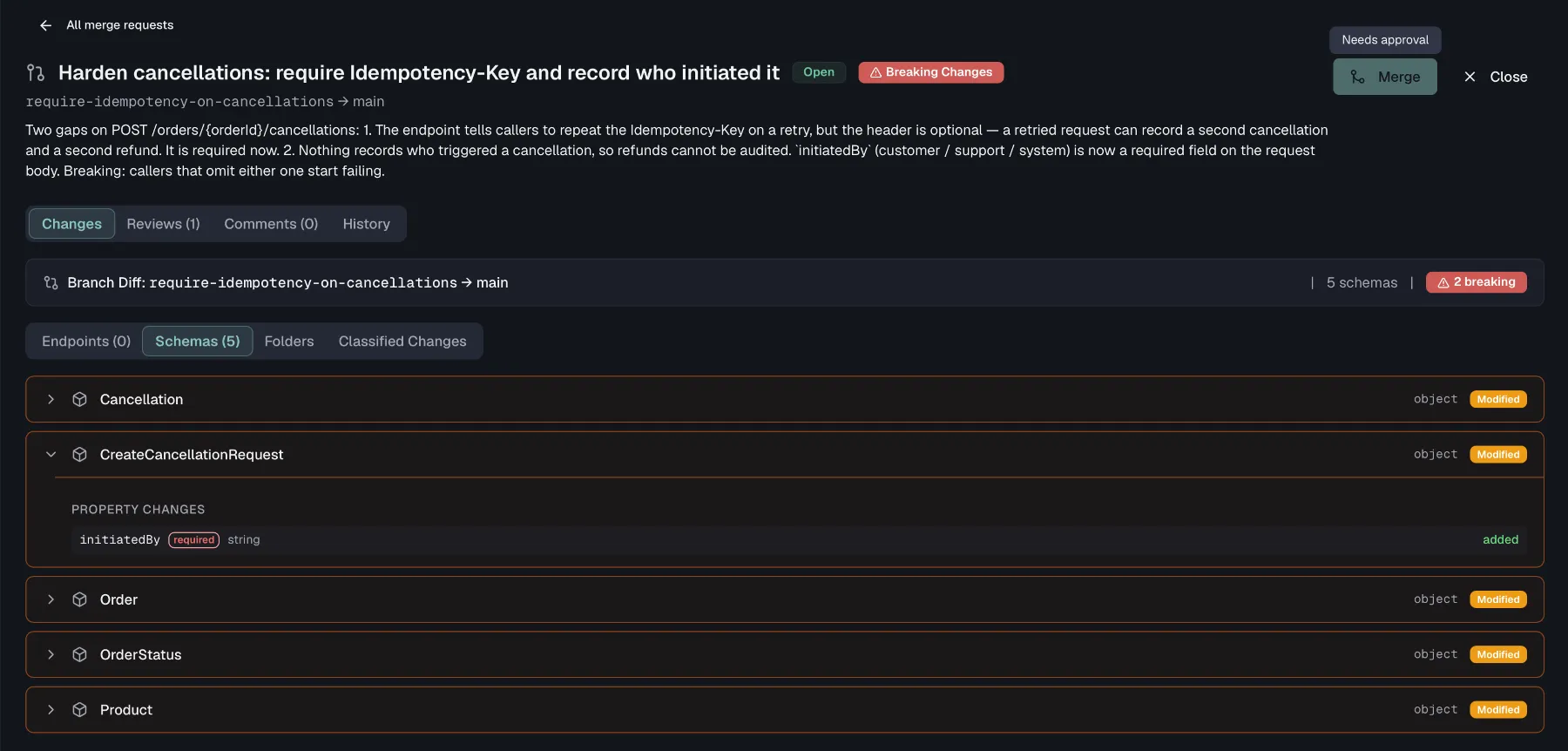 A merge request with the branch-to-main header, its status badge and the Changes tab with the diff summary