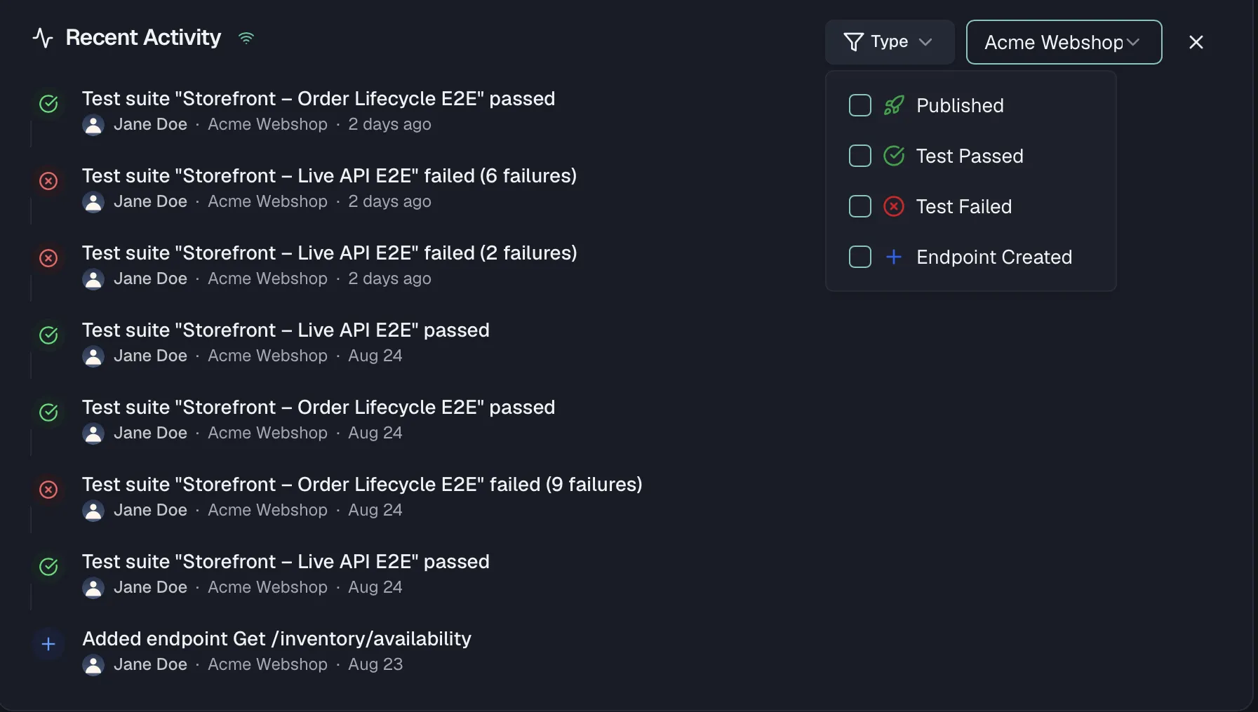 The activity feed with type and project filters