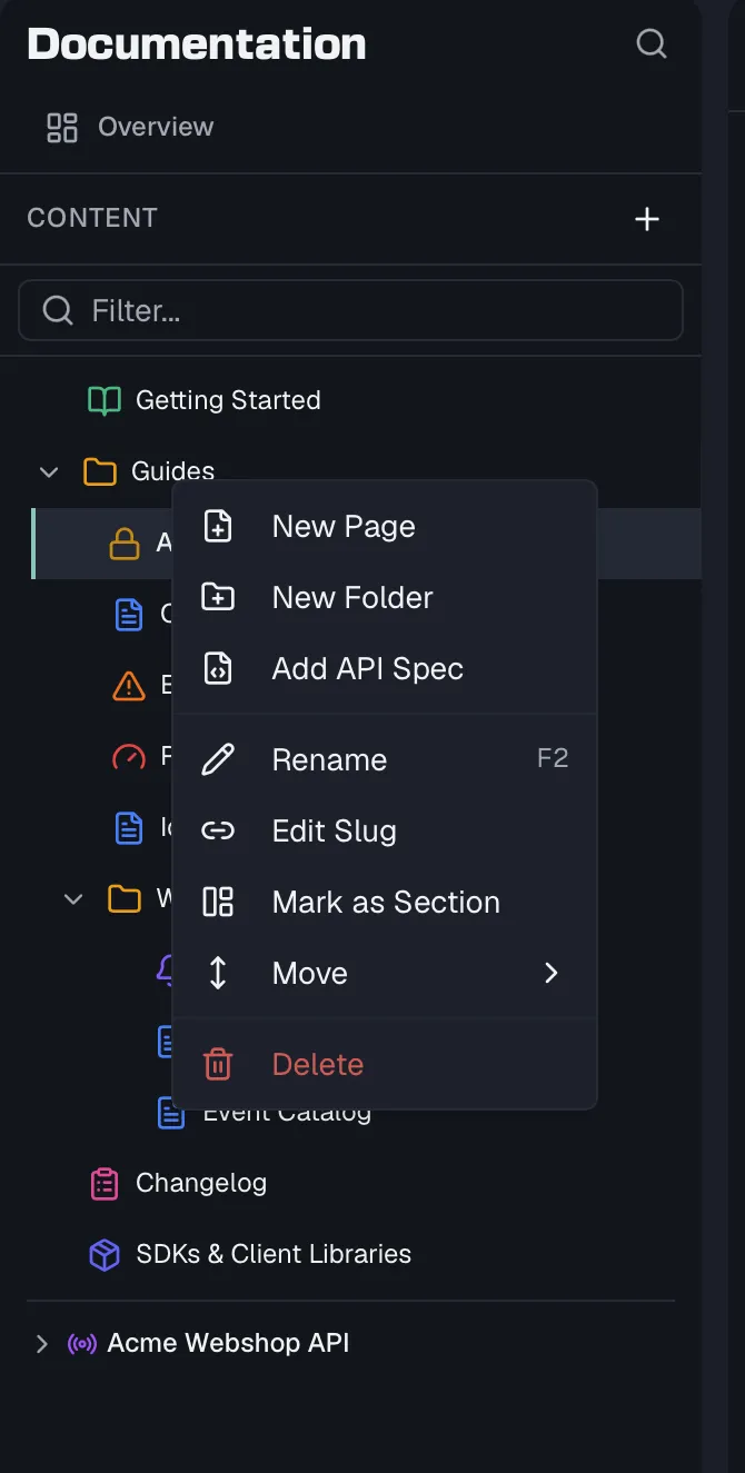 The tree context menu open on a folder showing rename, slug, and section actions