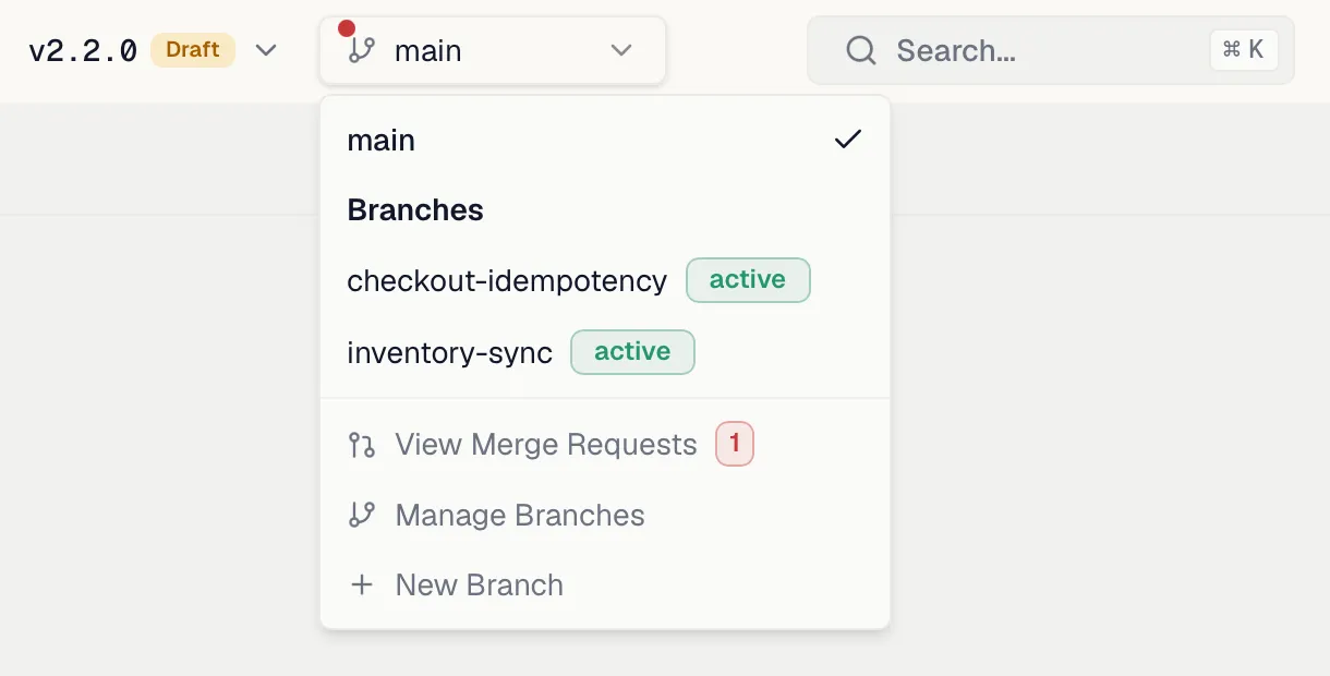 The branch switcher open in the header, showing main, two active branches with status badges, and the View Merge Requests entry with its count badge