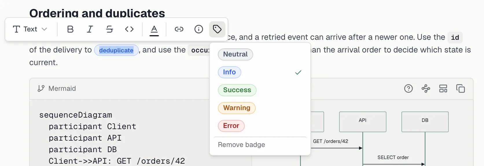 A badge and a tooltip in the same paragraph with the badge variant picker open