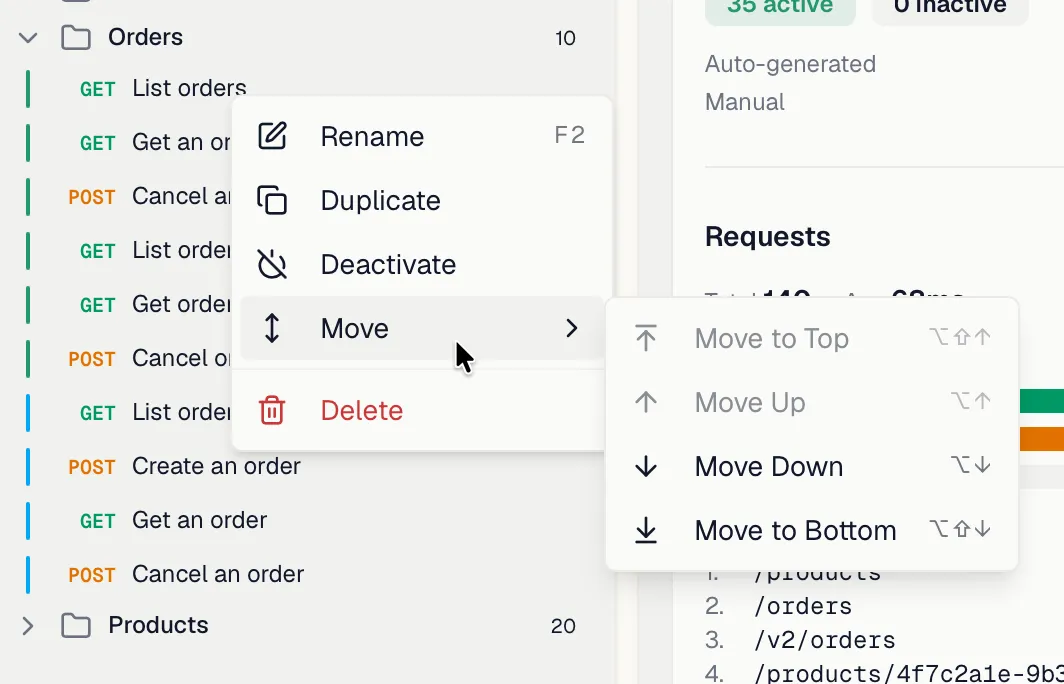 The mock rule tree with the context menu open and the Move submenu expanded