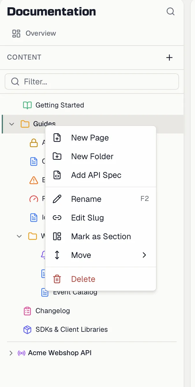 The tree context menu open on a folder showing rename, slug, and section actions