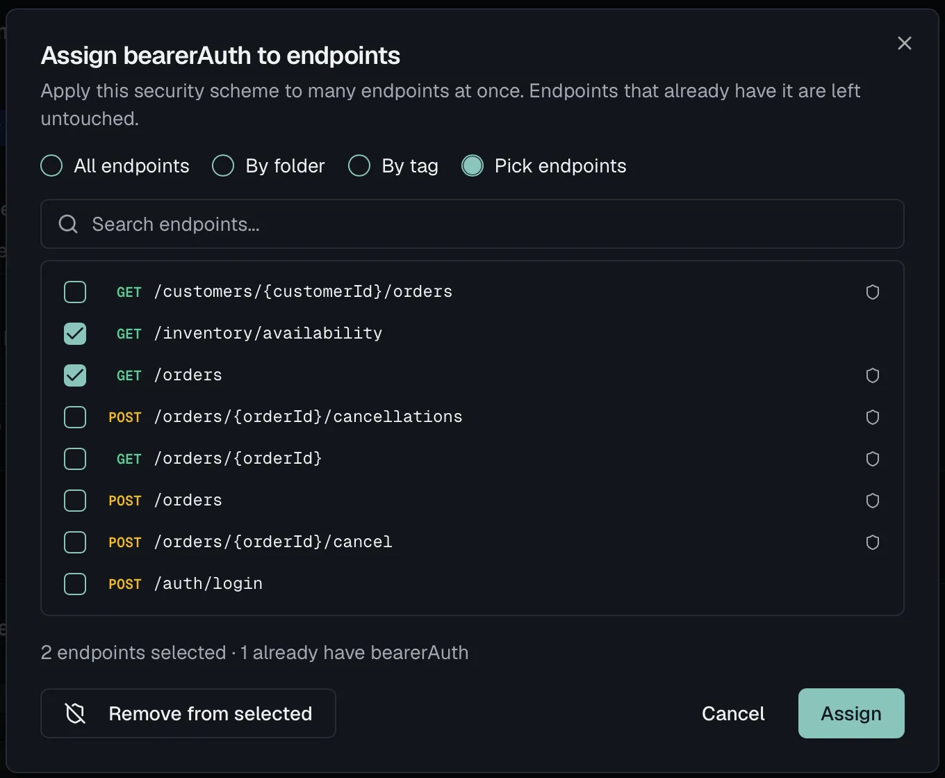 The Assign to endpoints dialog with its four scopes, two endpoints picked and the preview counting those already assigned