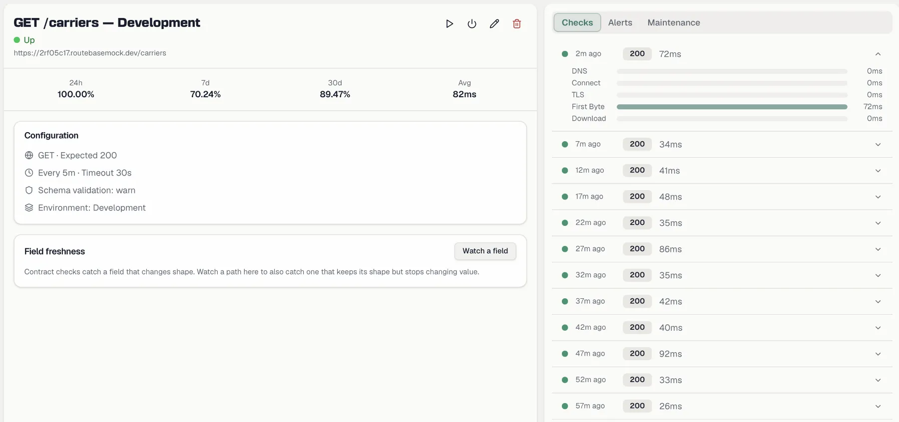Monitor detail page with uptime stats and expanded check timings