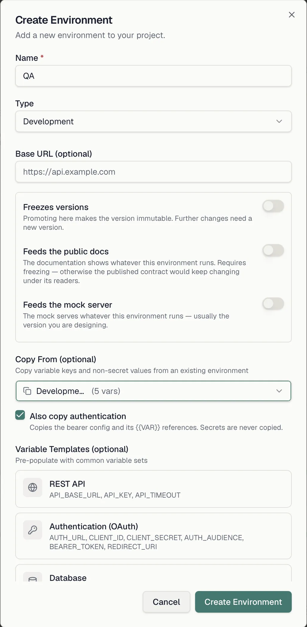 The Create Environment dialog with the roles box, the copy-from selector with Also copy authentication, and the variable templates