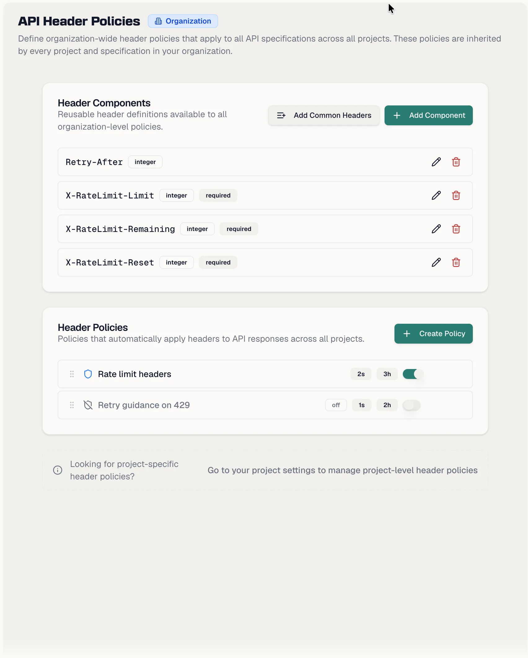 The API Header Policies settings page with the policy list and header components card
