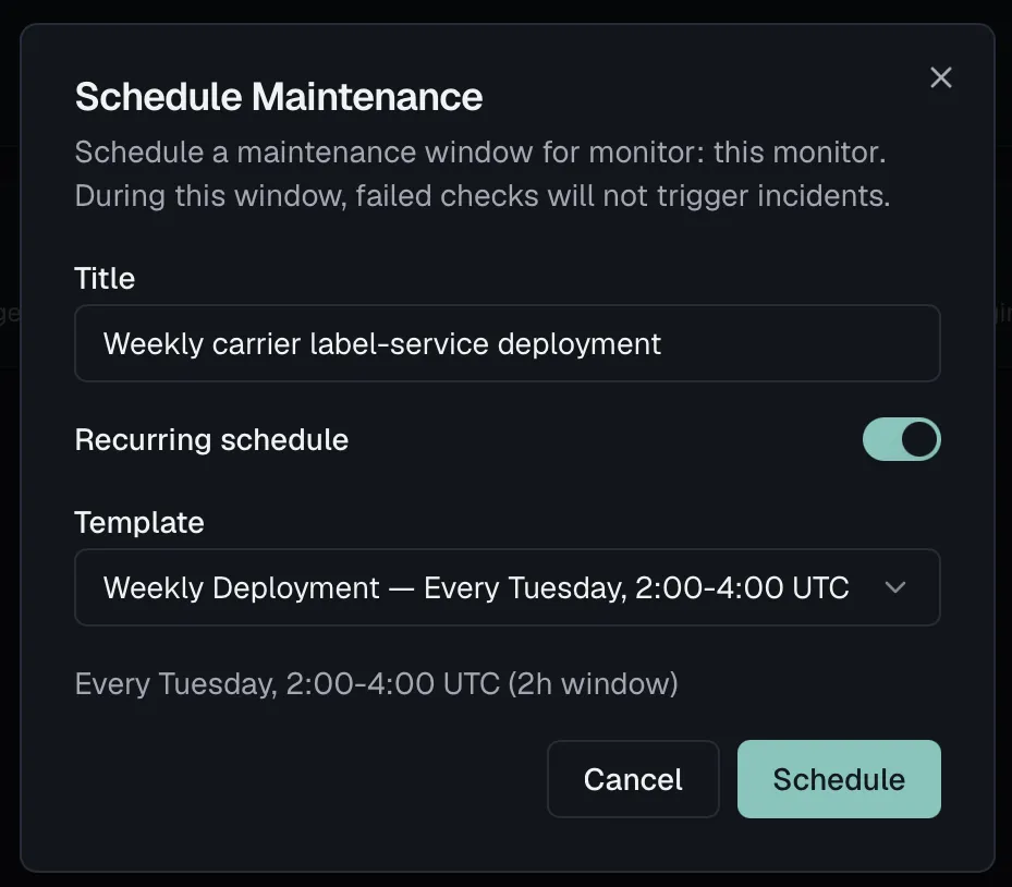 The Schedule Maintenance dialog with a recurring template selected