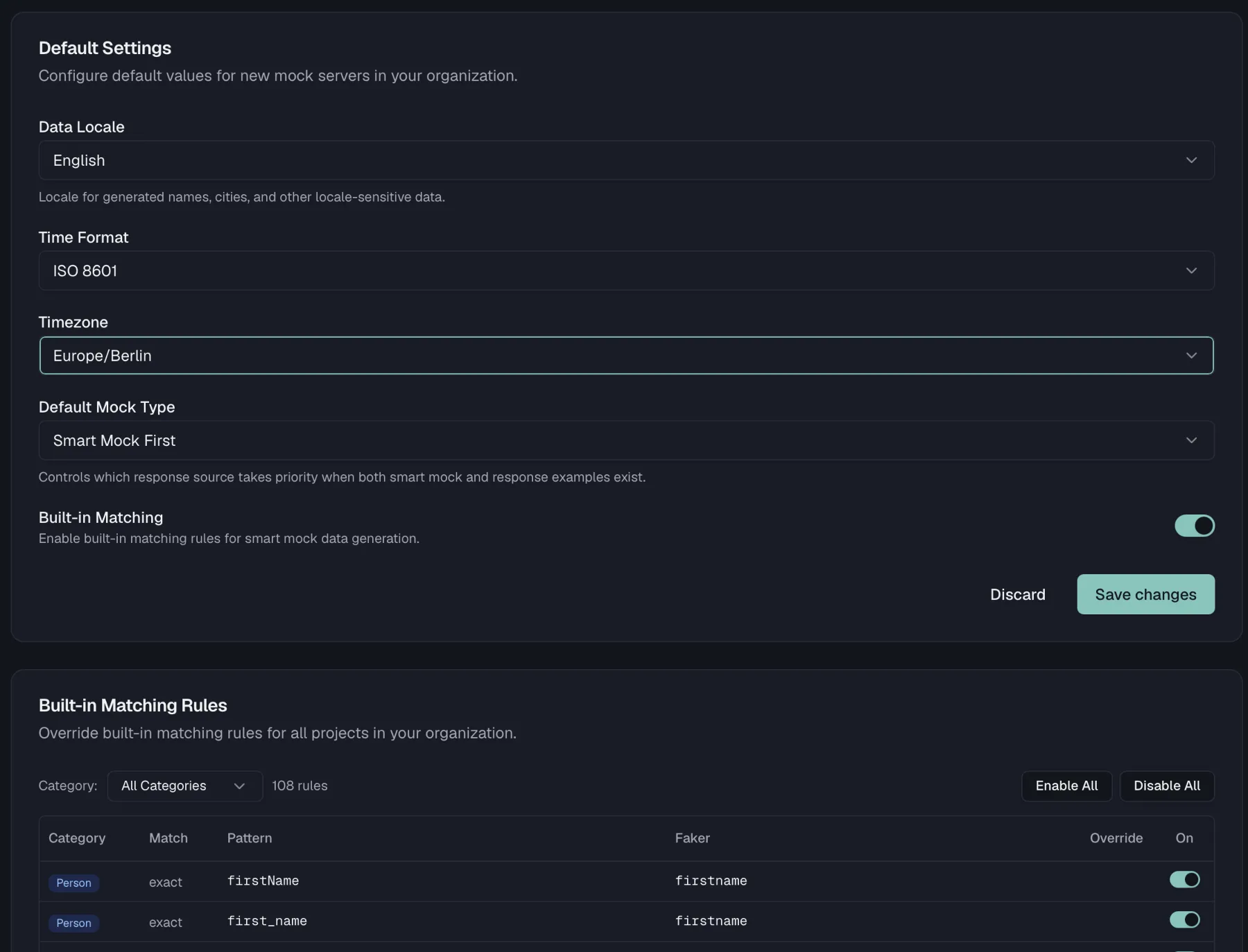 Organization mock server settings with default settings and matching rule cards