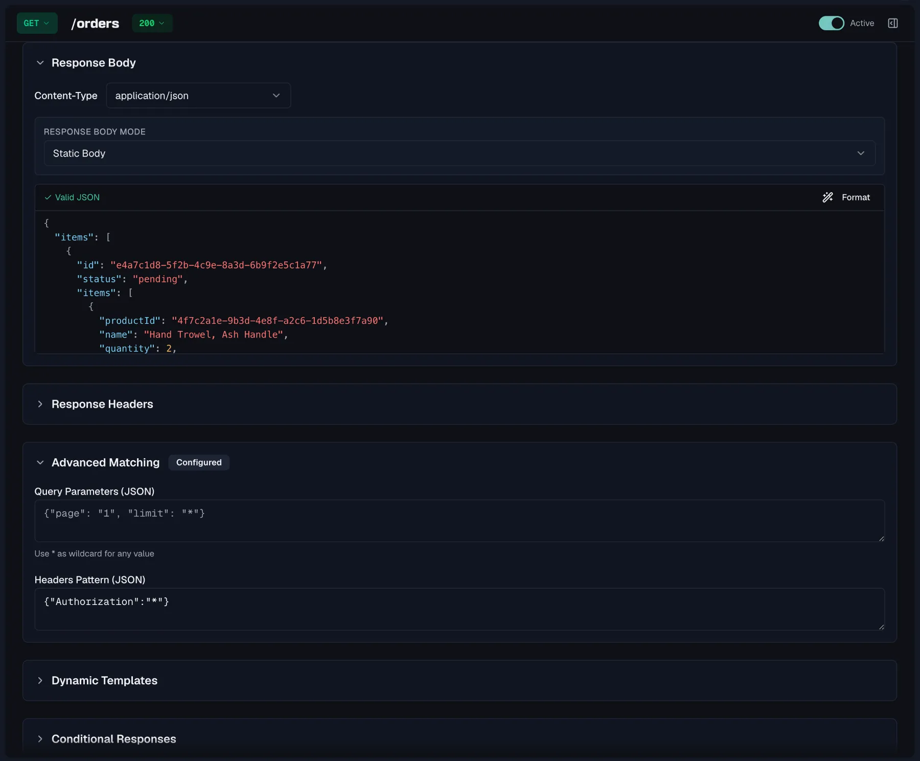 A mock rule with its matcher and its response in one view