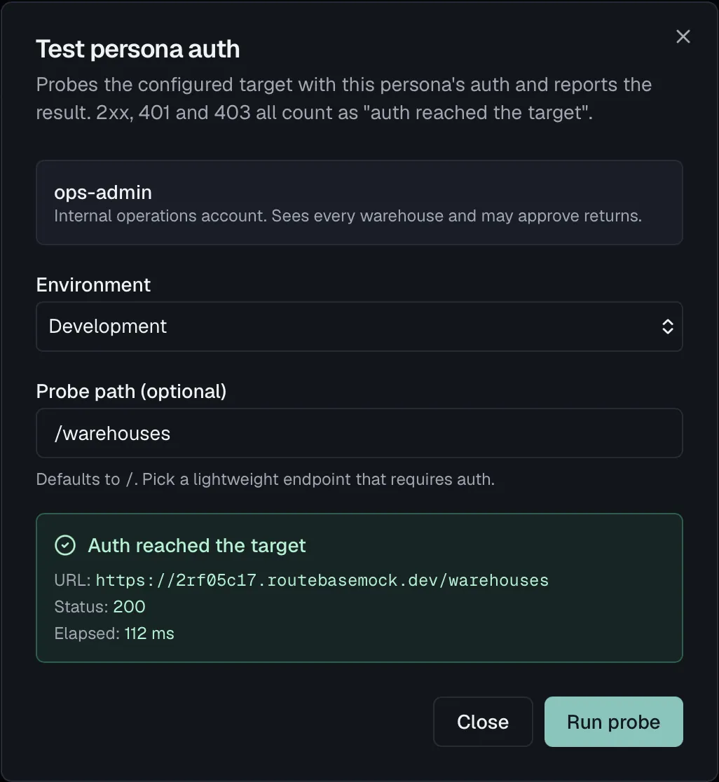 The persona test result reading Auth reached the target, with the probed URL, status code and elapsed time