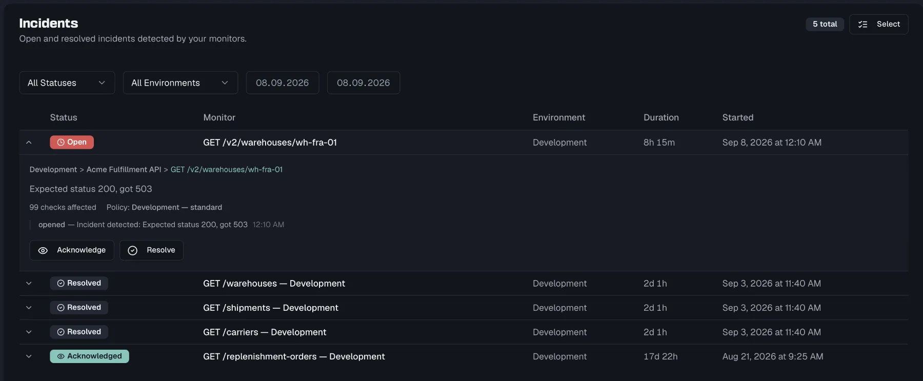 The Incidents page with its filters and an expanded incident row showing its timeline