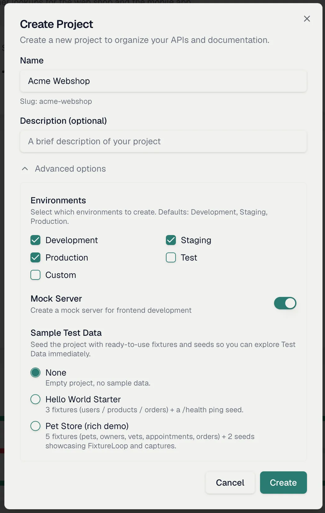 The Create Project dialog with advanced options expanded