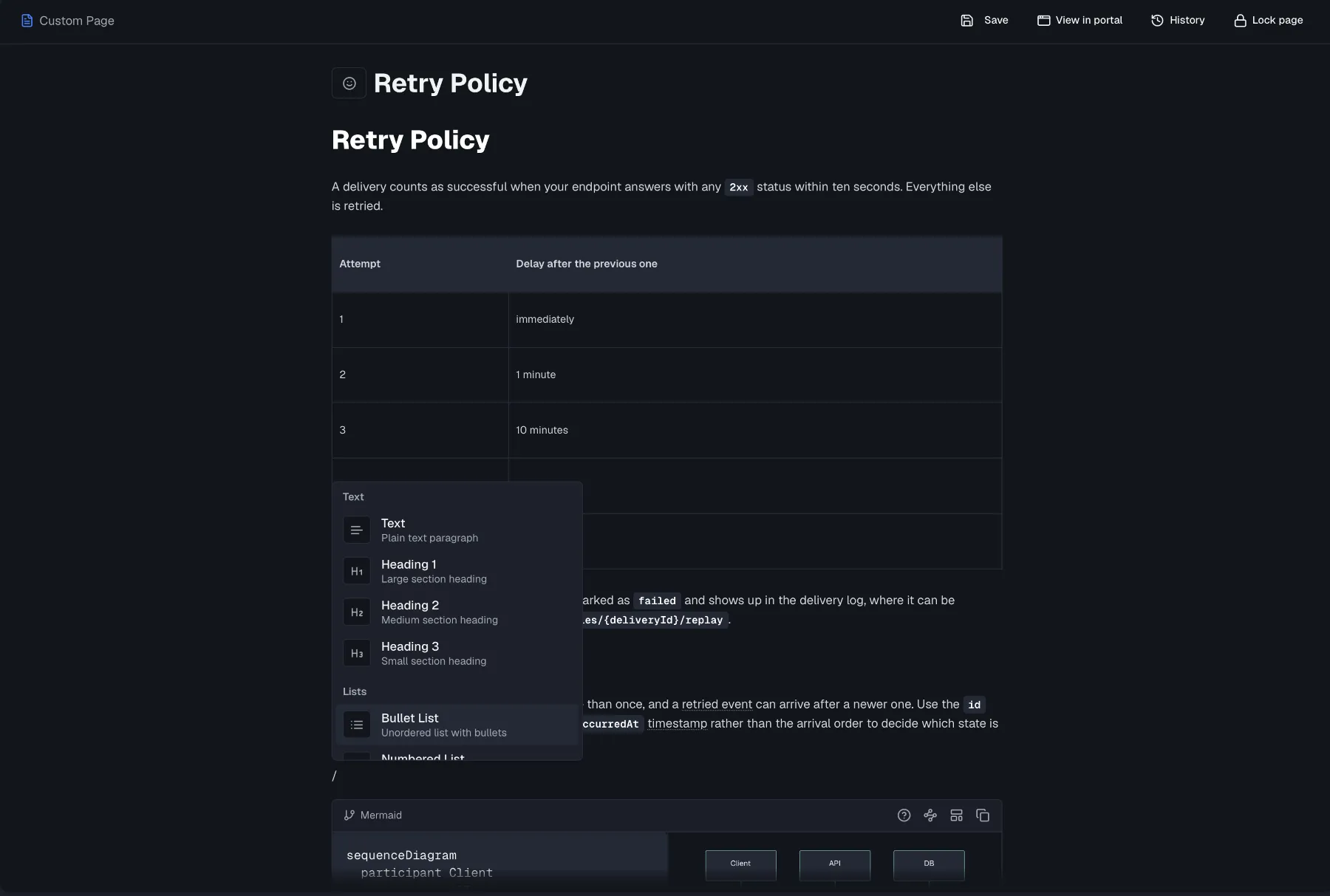 A documentation page open in the editor with the slash command menu visible