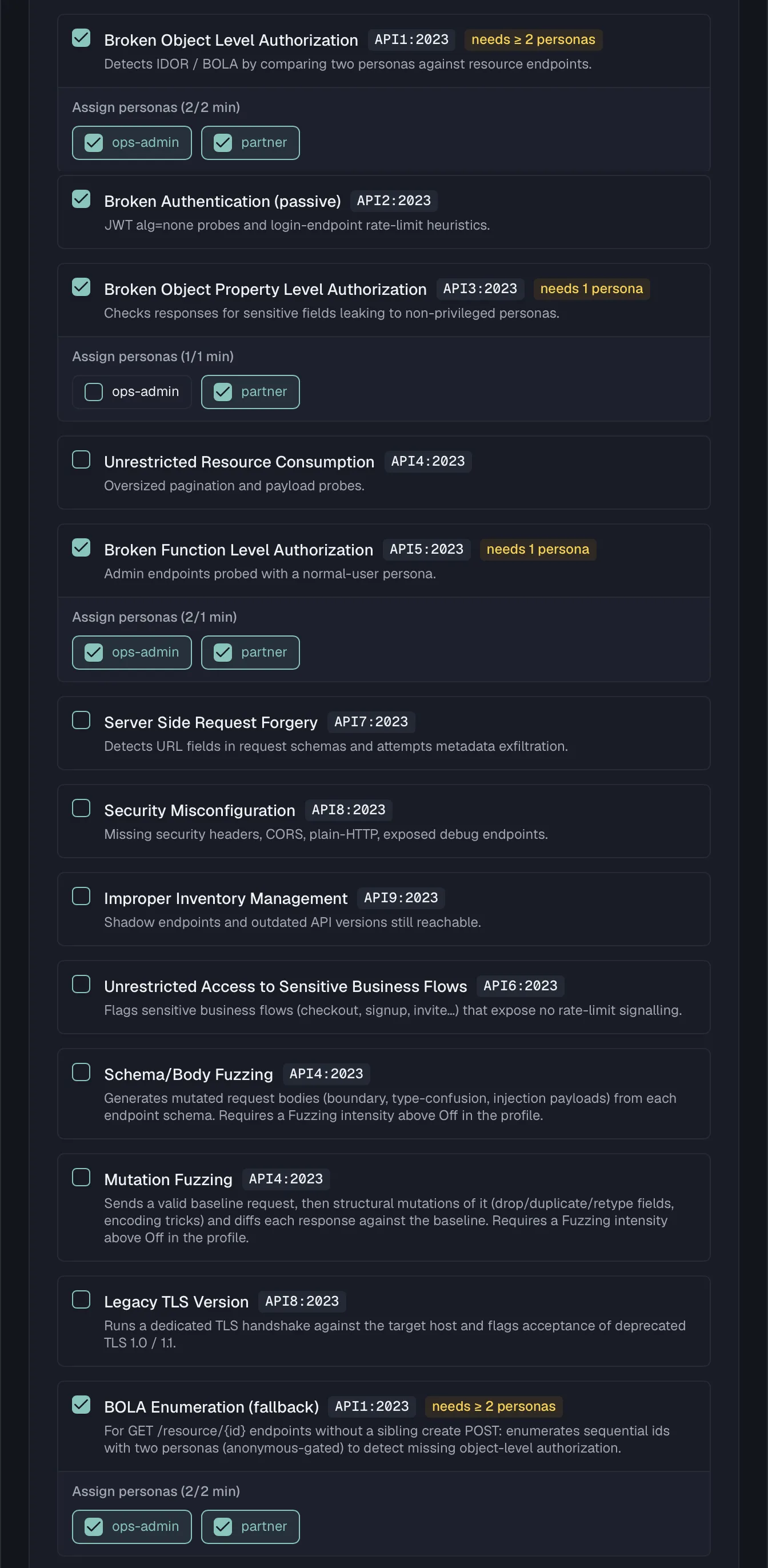 The scanner list in the scan profile editor with all thirteen scanners and their OWASP categories