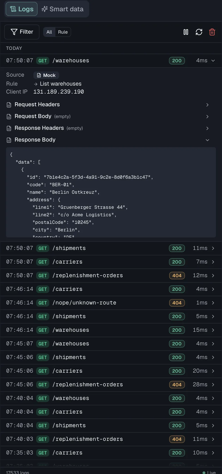 Request log with an expanded entry showing the source, the matched rule and the response body