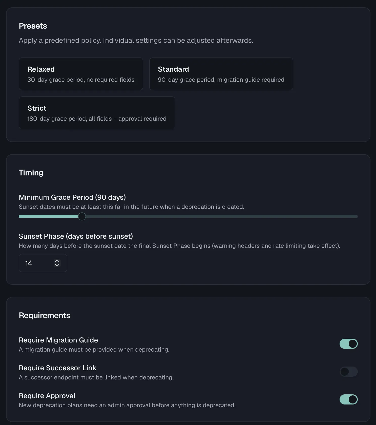 The Deprecation Policy settings page with the three presets, the timing card and the requirements