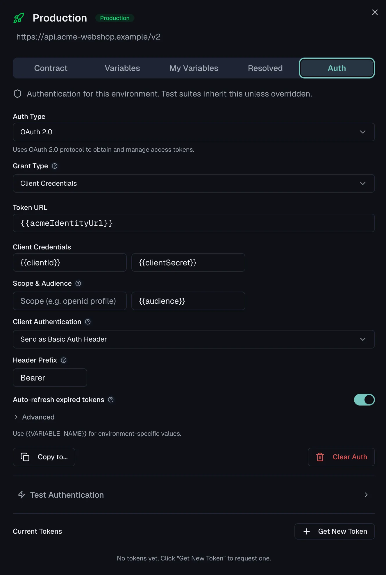 The Auth tab of an environment with an OAuth 2.0 configuration