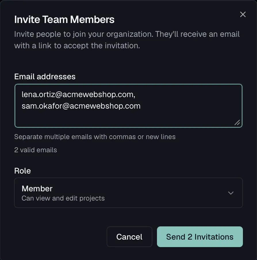 The Invite Team Members dialog with multiple emails and role selection