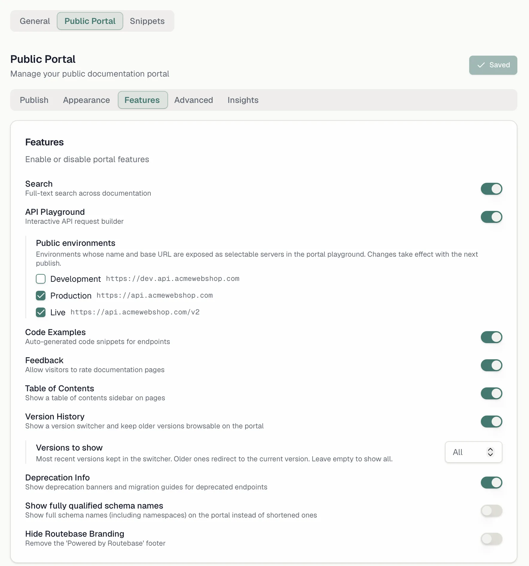 The Features tab with the reader-facing toggles and the playground environment selection