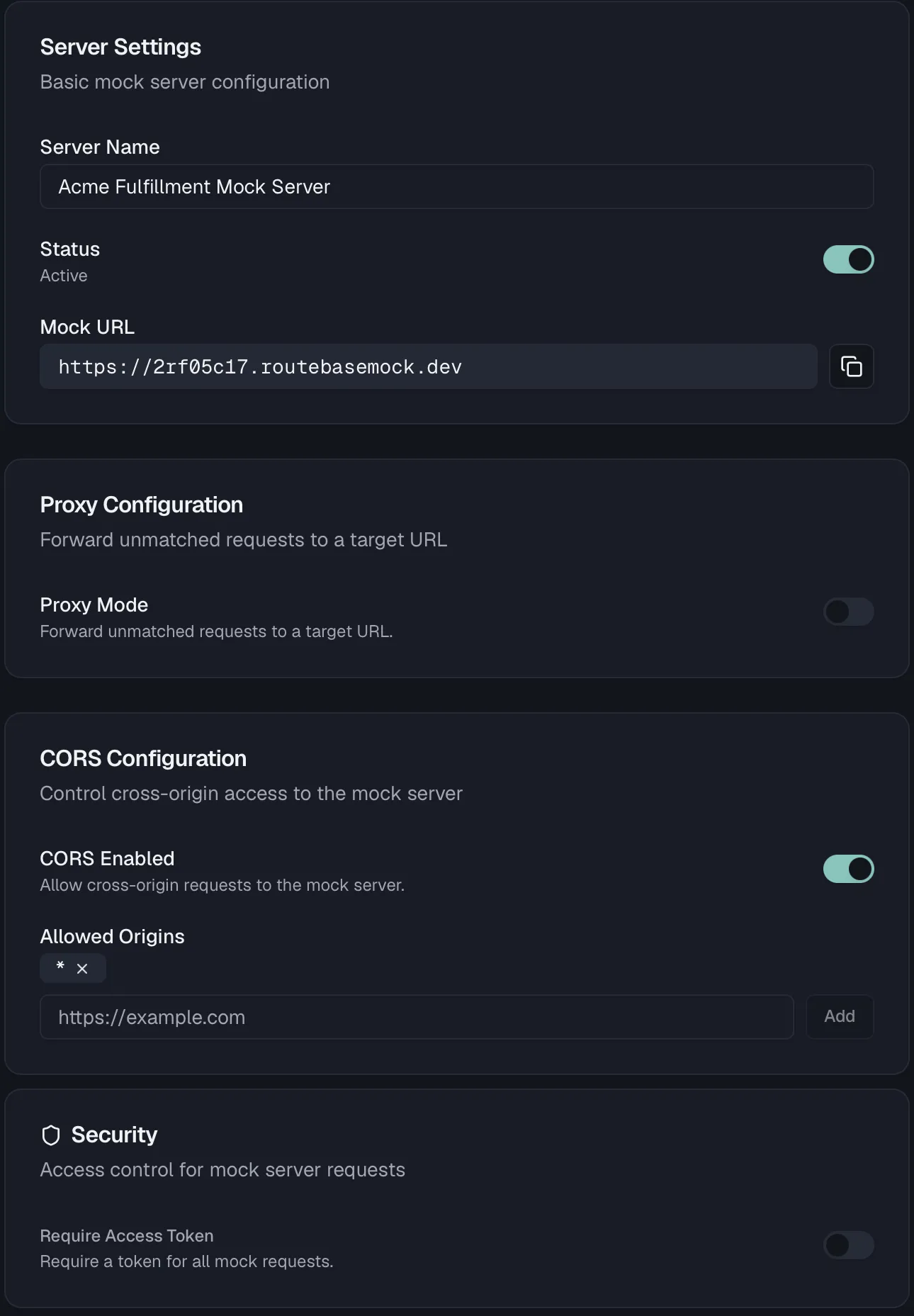 The mock server settings sheet with the server, proxy, CORS and security sections
