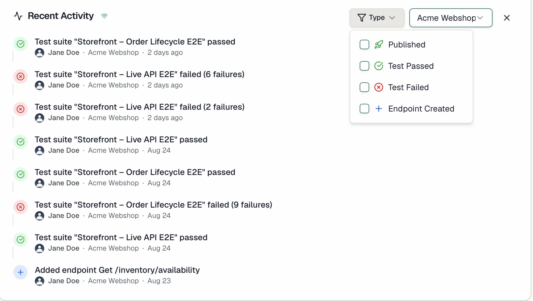 The activity feed with type and project filters
