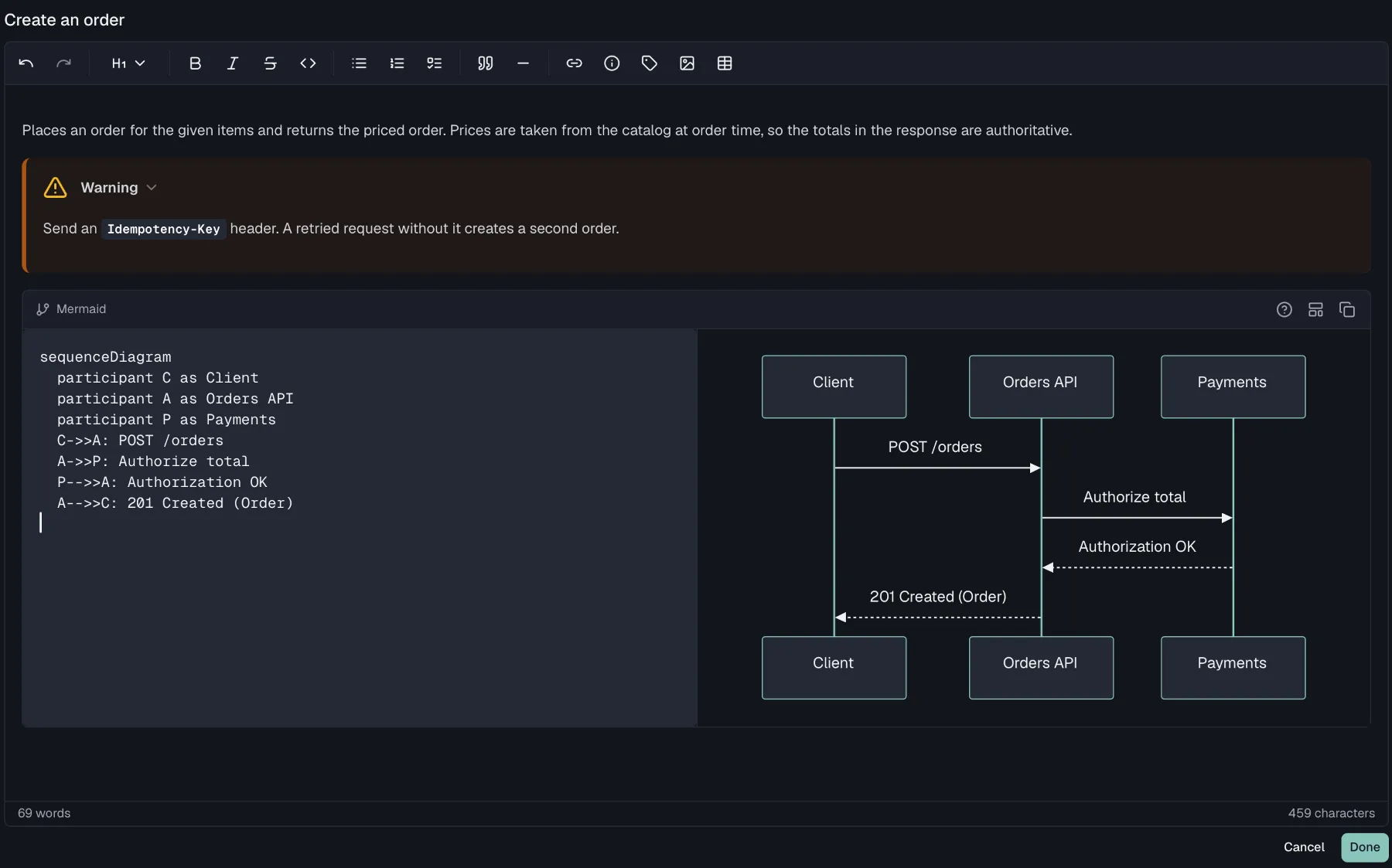 The description editor with its toolbar, a warning callout and a Mermaid sequence diagram with live preview