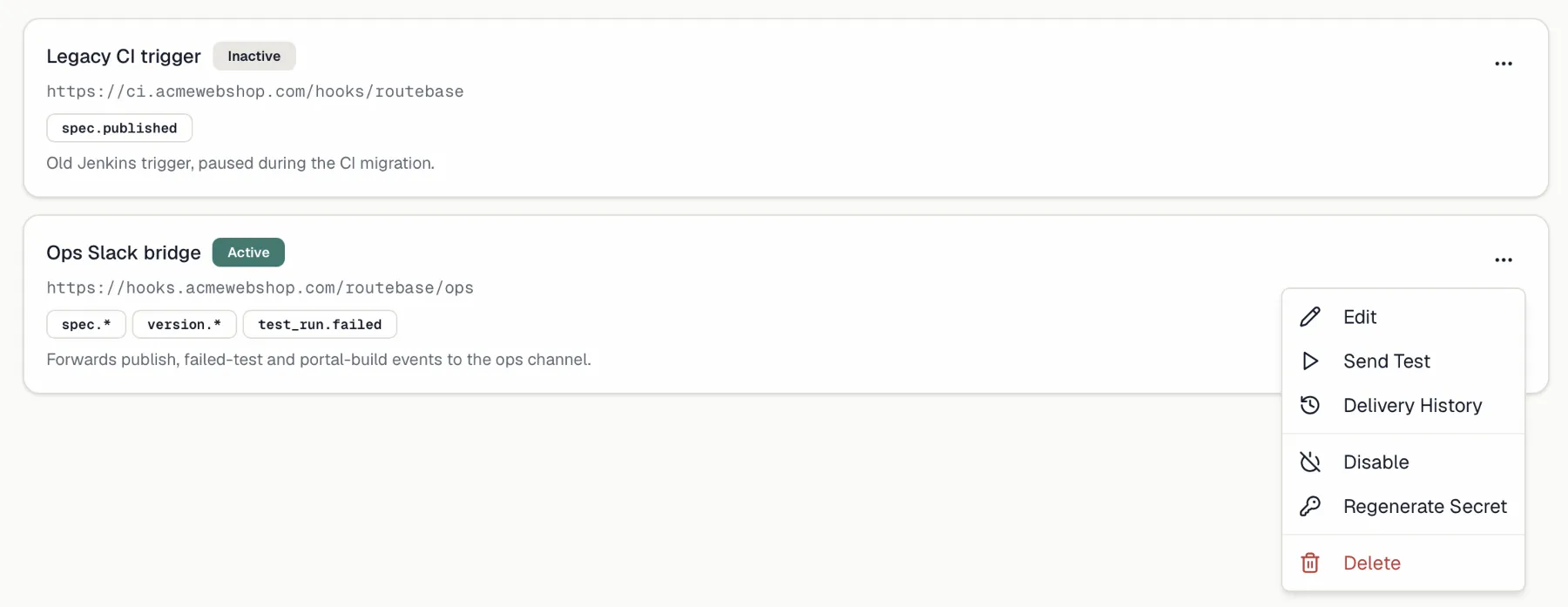 A webhook card with its actions menu open