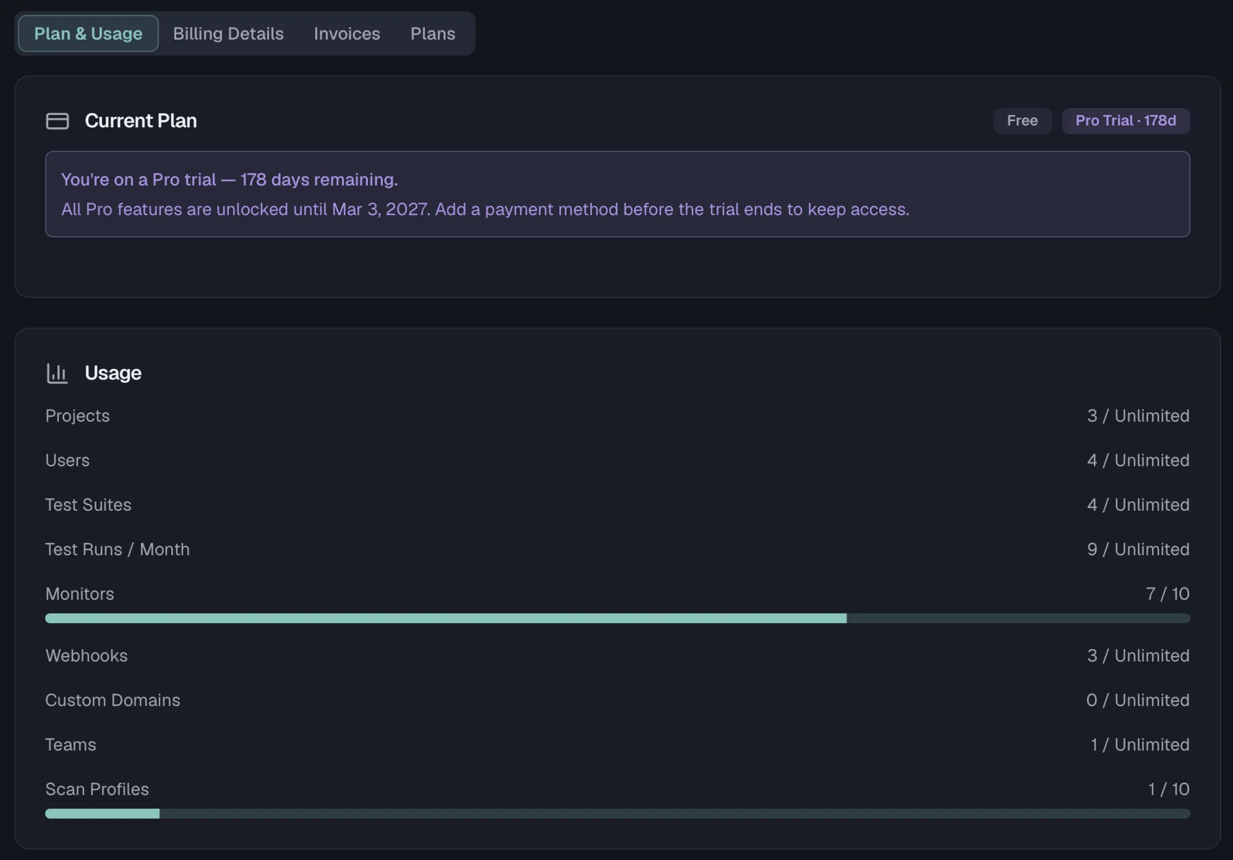 The Usage panel with progress bars approaching and reaching limits