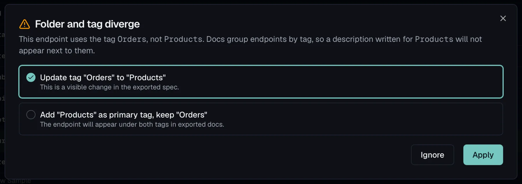 The folder-and-tag divergence dialog with its options and the contrasting consequences