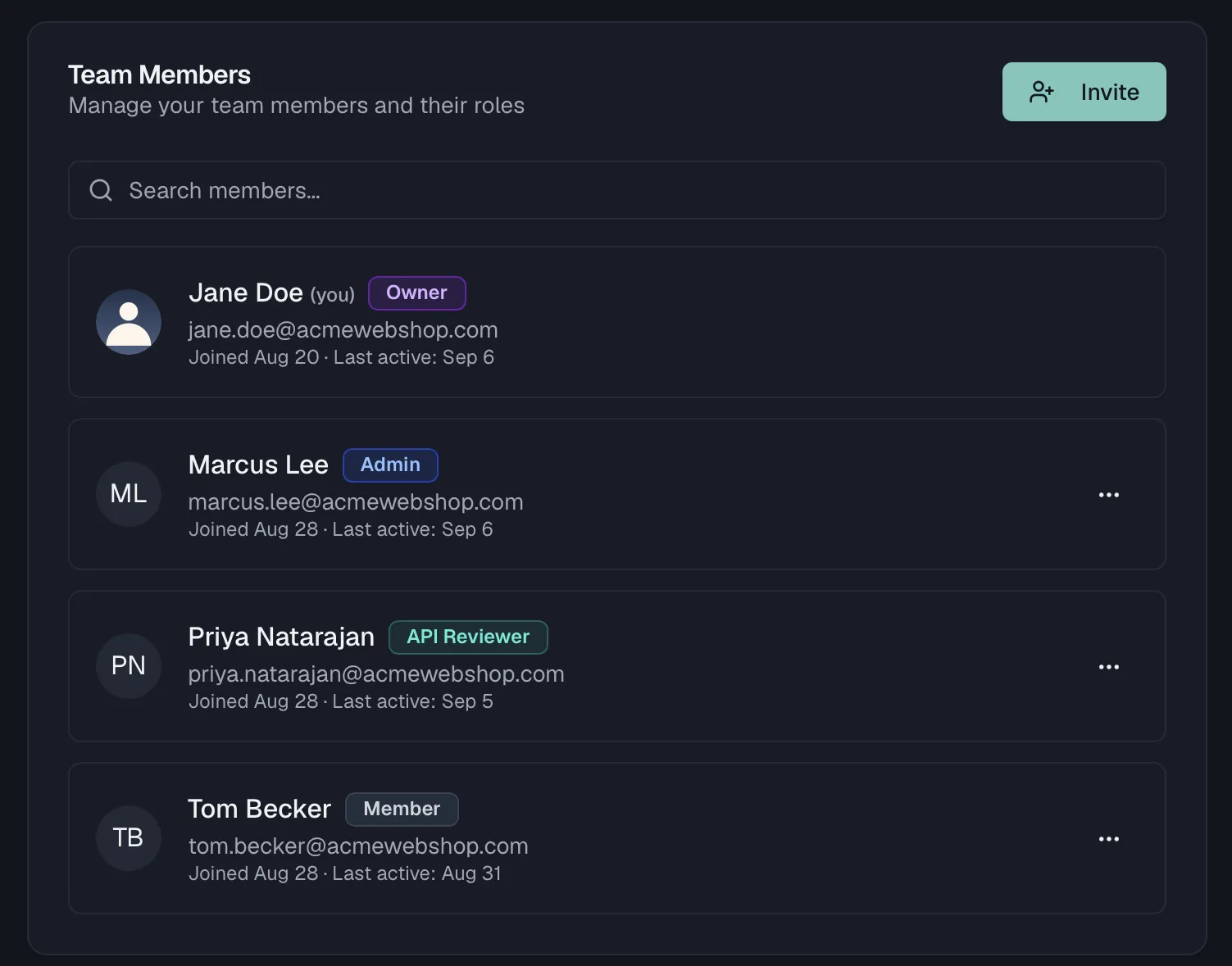 The Team Members list with role badges and the Invite button