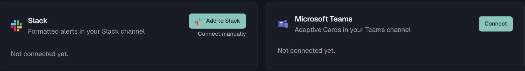 The Messaging settings page with the Slack and Microsoft Teams cards, neither connected yet