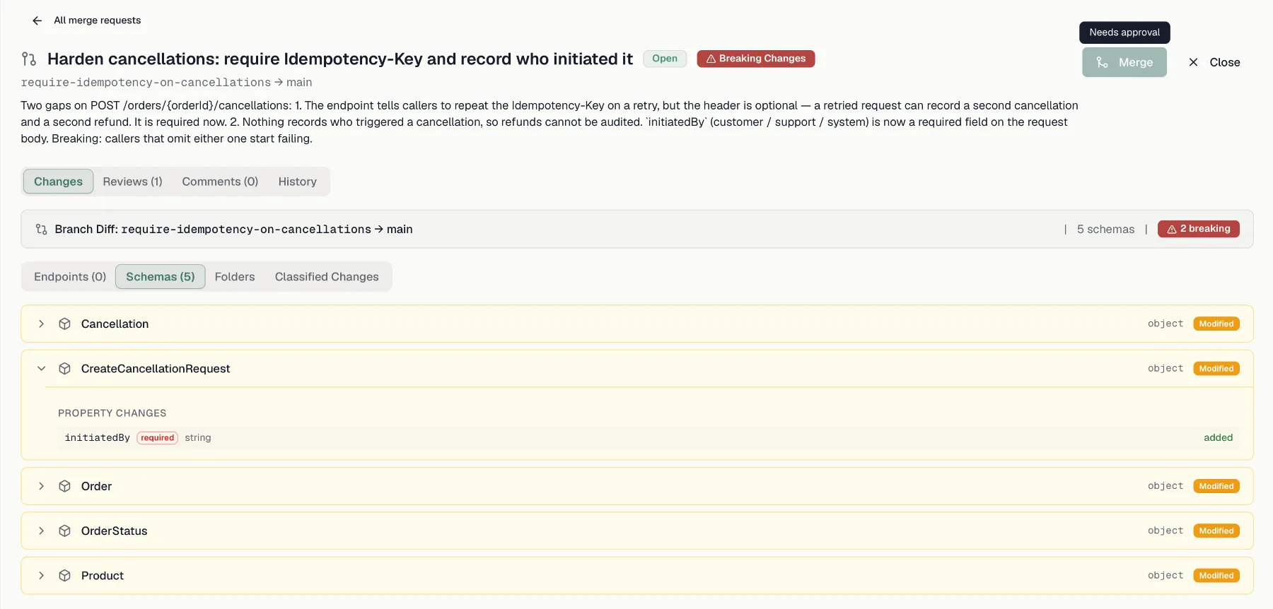 A merge request with the branch-to-main header, its status badge and the Changes tab with the diff summary