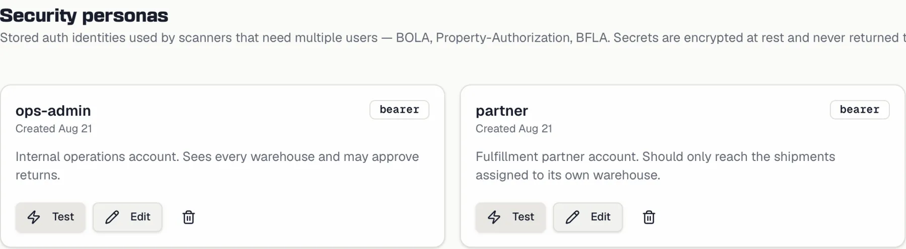 The Personas page listing personas with their auth type and description