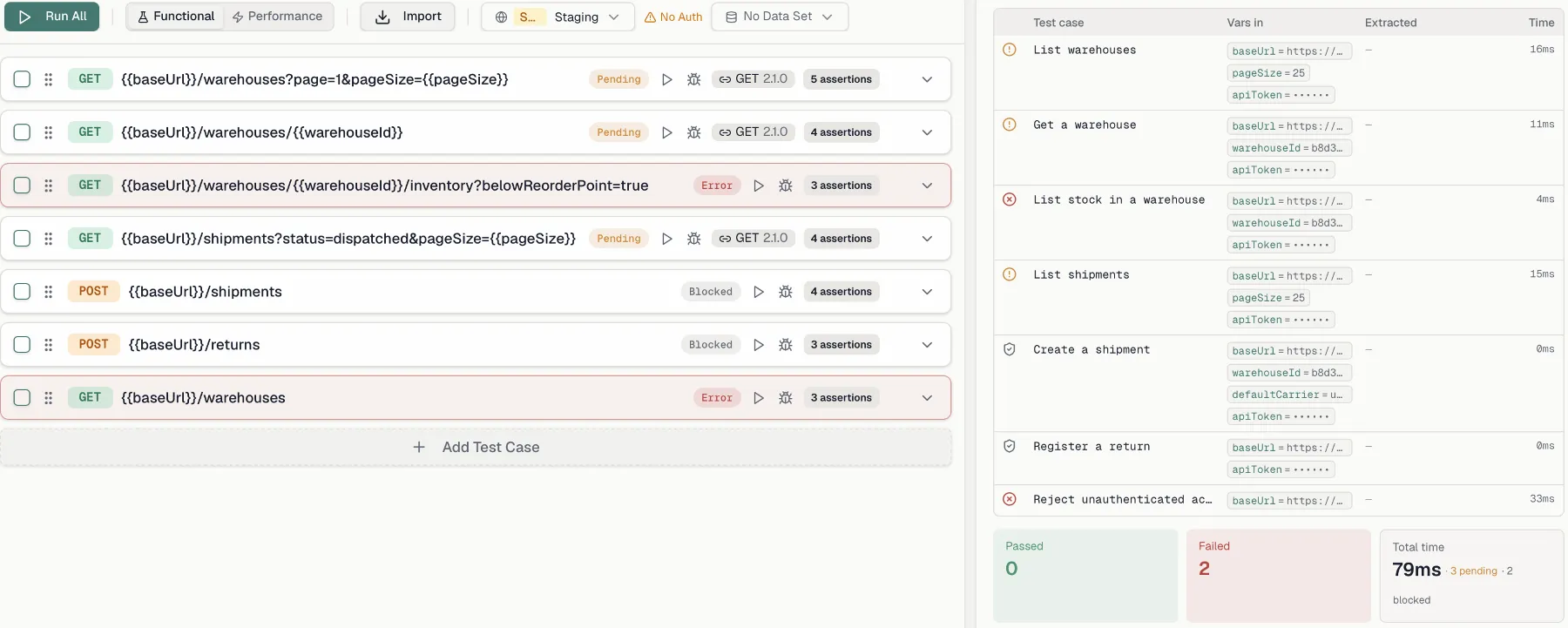 A run overview carrying an amber Pending case and a muted Blocked case, with both counts next to the total time