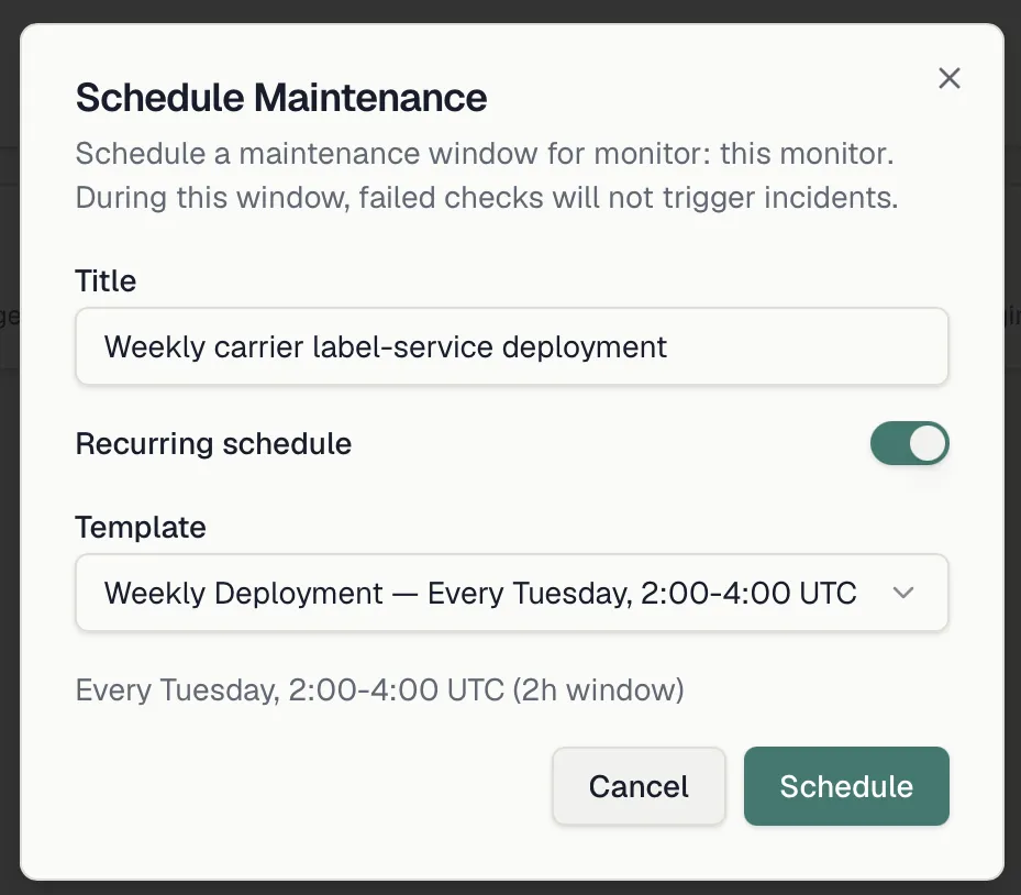 The Schedule Maintenance dialog with a recurring template selected
