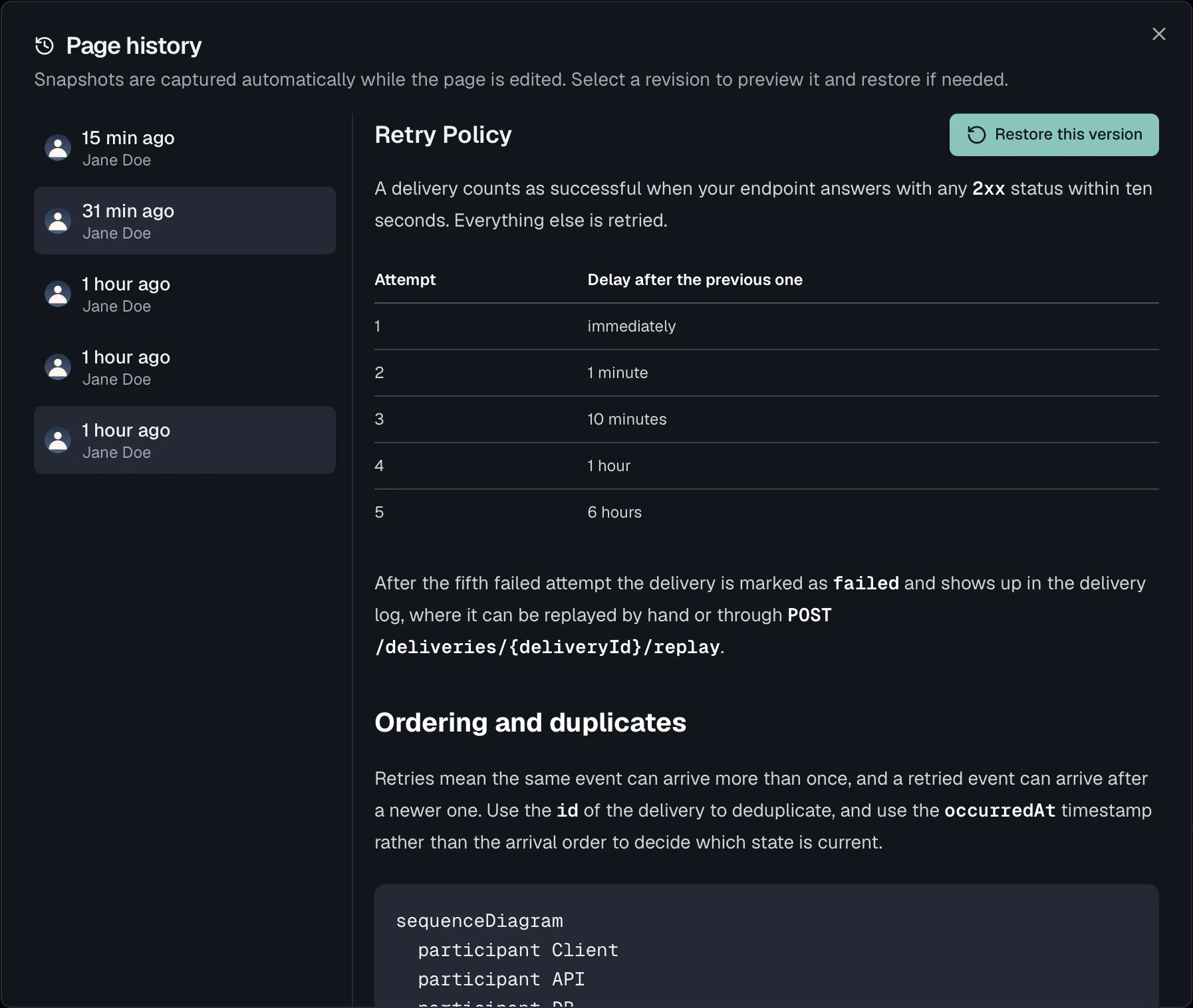 The page history with the revision list on the left, the selected revision rendered on the right and Restore this version