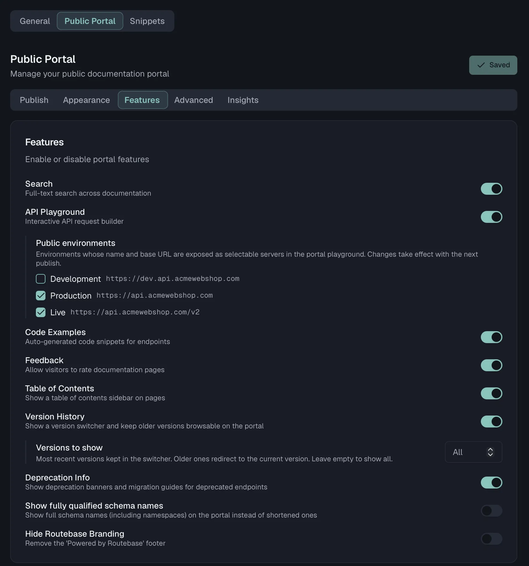The Features tab with the reader-facing toggles and the playground environment selection