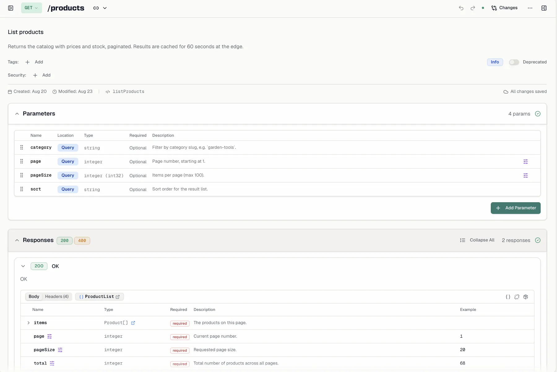 The endpoint editor showing method, path, parameters and responses