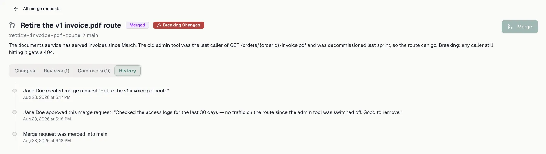 The History tab of a merge request with the opened, approved and merged entries and their timestamps