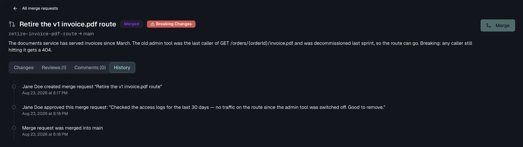 The History tab of a merge request with the opened, approved and merged entries and their timestamps