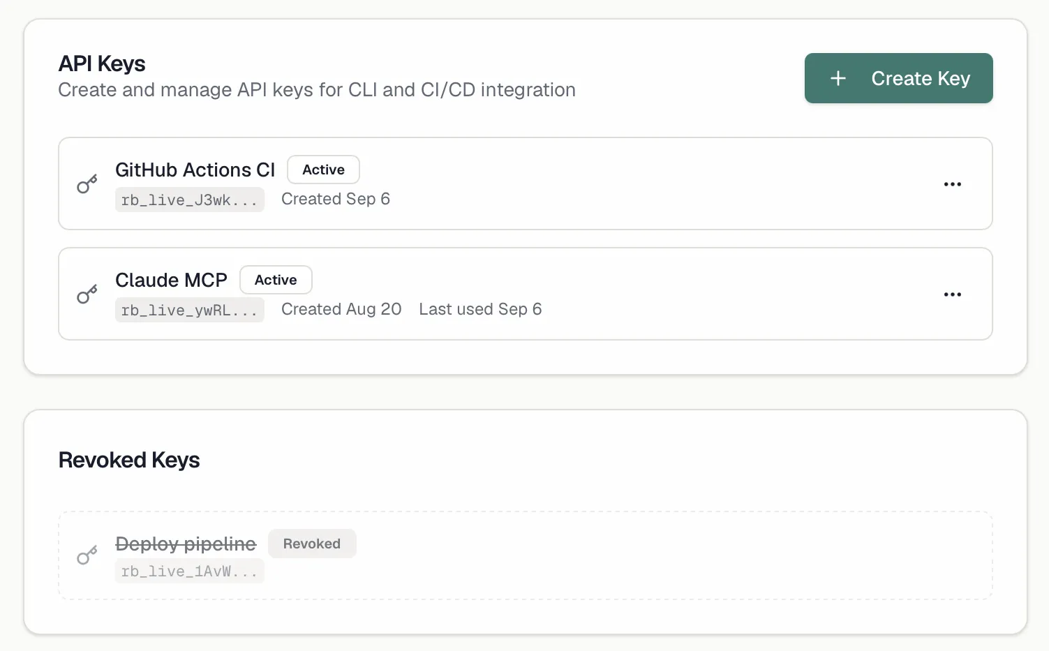 The API Keys list with active and revoked keys