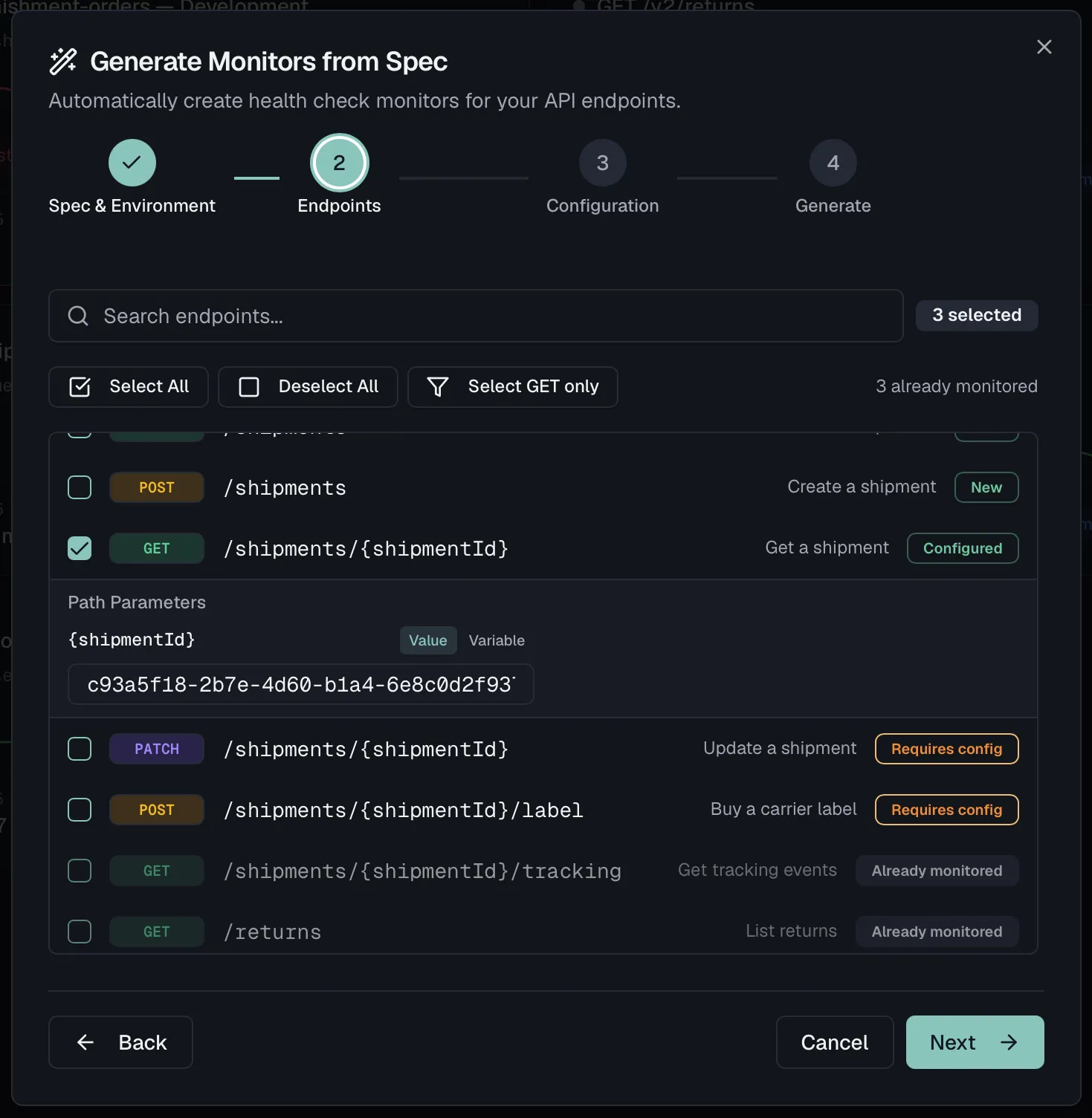 The Generate from Spec wizard on the endpoint selection step with already monitored endpoints skipped